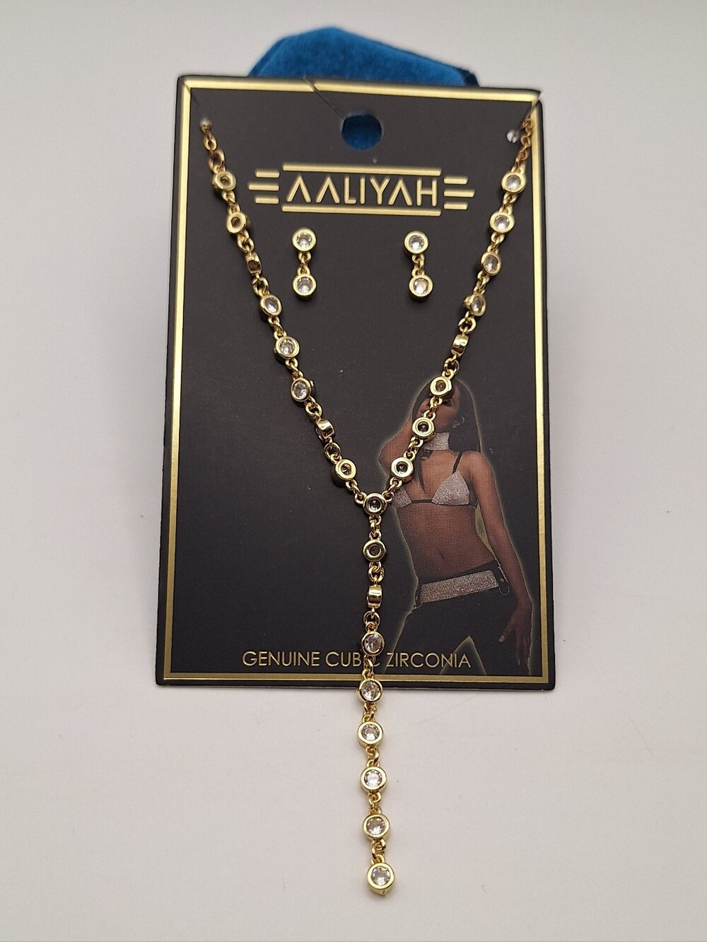Aaliyah Genuine CZ Gold Tone Y Drop Necklace Earrings Set